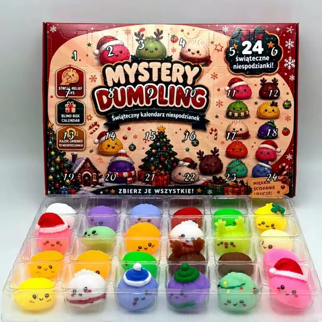 Calendrier ouvert avec les 24 squishies dans leur plateau