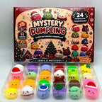 Calendrier ouvert avec les 24 squishies dans leur plateau